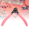 Pink one-step wire looping pliers used for jewelry making with various wires and beads.