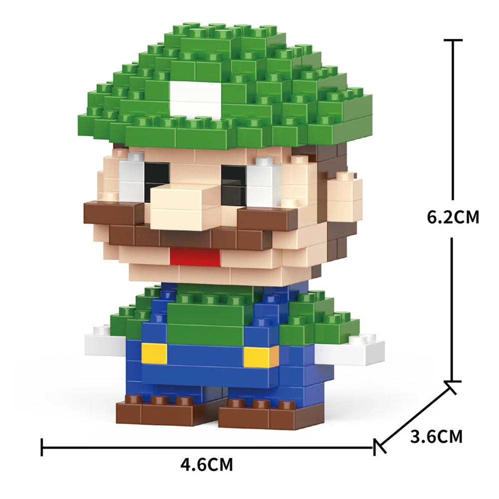 A Lego-style minifigure of a green-hatted animal with brown fur and blue clothing, shown with dimensions.
