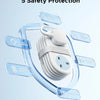 A compact travel power strip with two AC outlets and three USB ports, surrounded by five safety protection indicators.