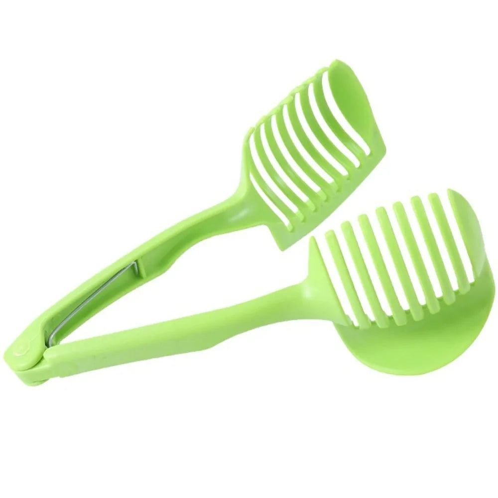 A bright lime green handheld fruit and vegetable slicer with ridged blades.