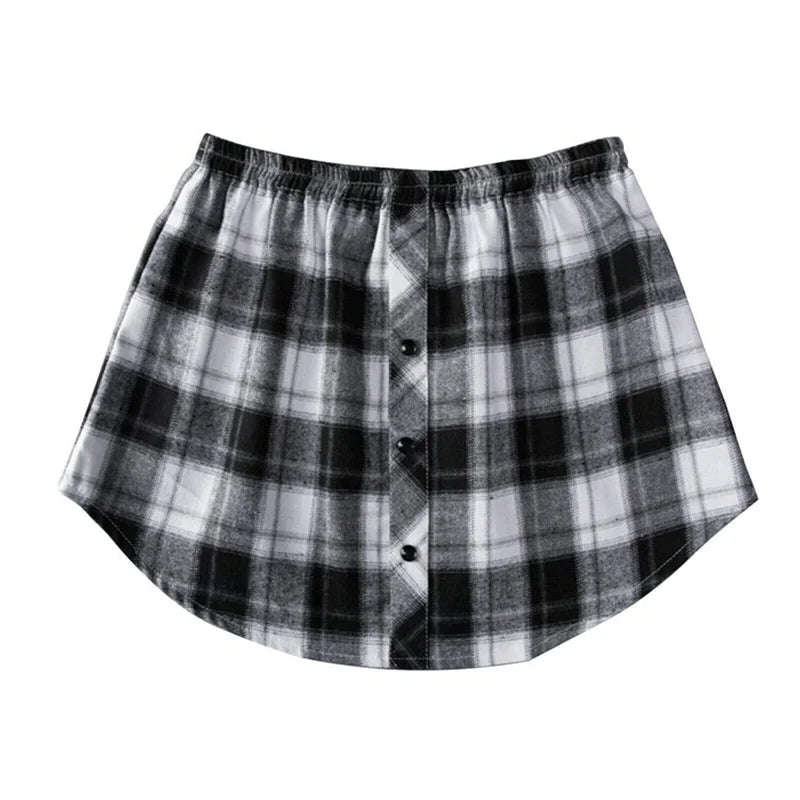 A black and white plaid shirt extender with an elastic waistband.