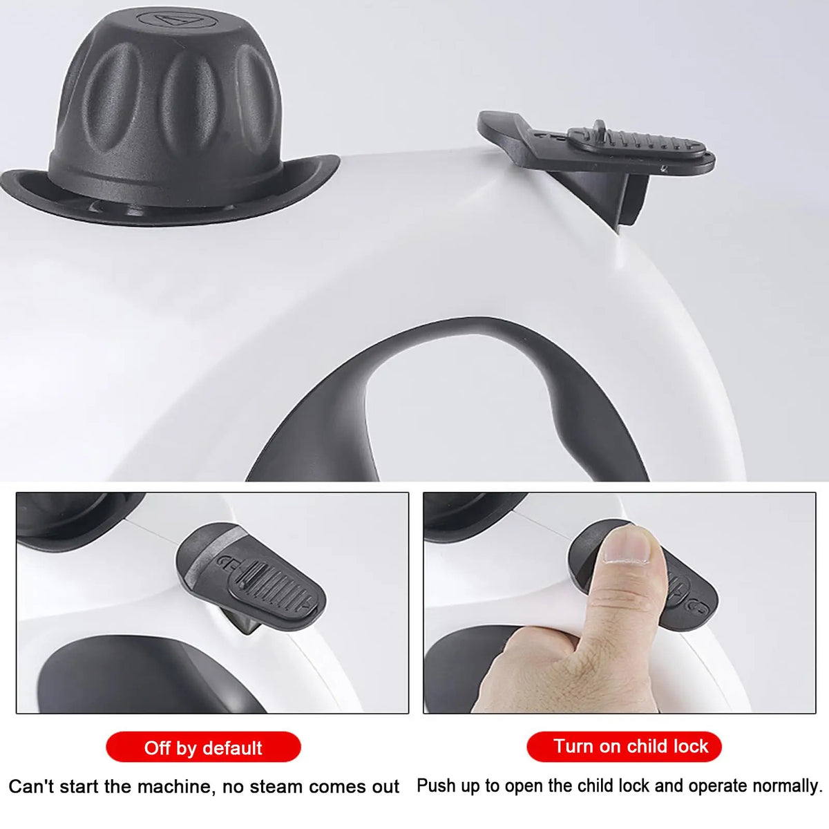 A white portable handheld steam cleaner with a black nozzle and handle, showing instructions for operation.
