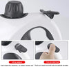 A white portable handheld steam cleaner with a black nozzle and handle, showing how to turn on the child lock.