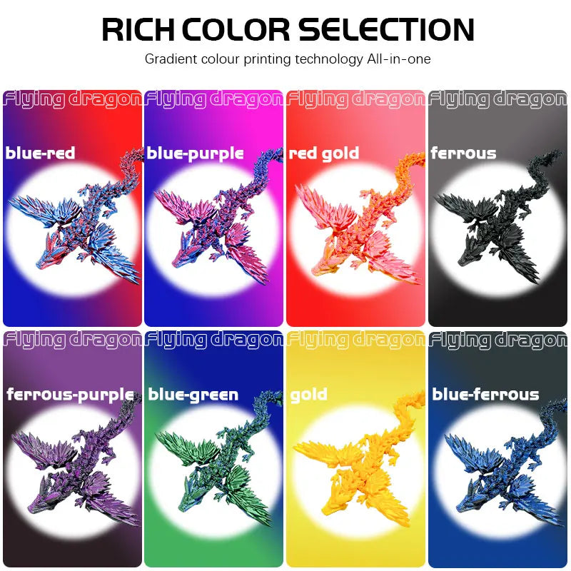 Figuras de dragones voladores de varios colores con tecnología de impresión degradada.