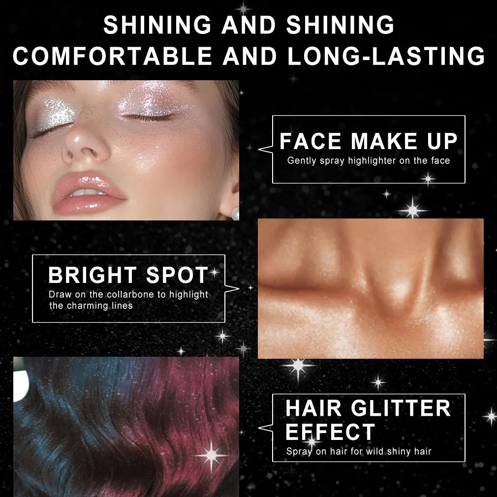 Spray de brillantina para maquillaje facial, puntos brillantes y efecto glitter para el cabello.