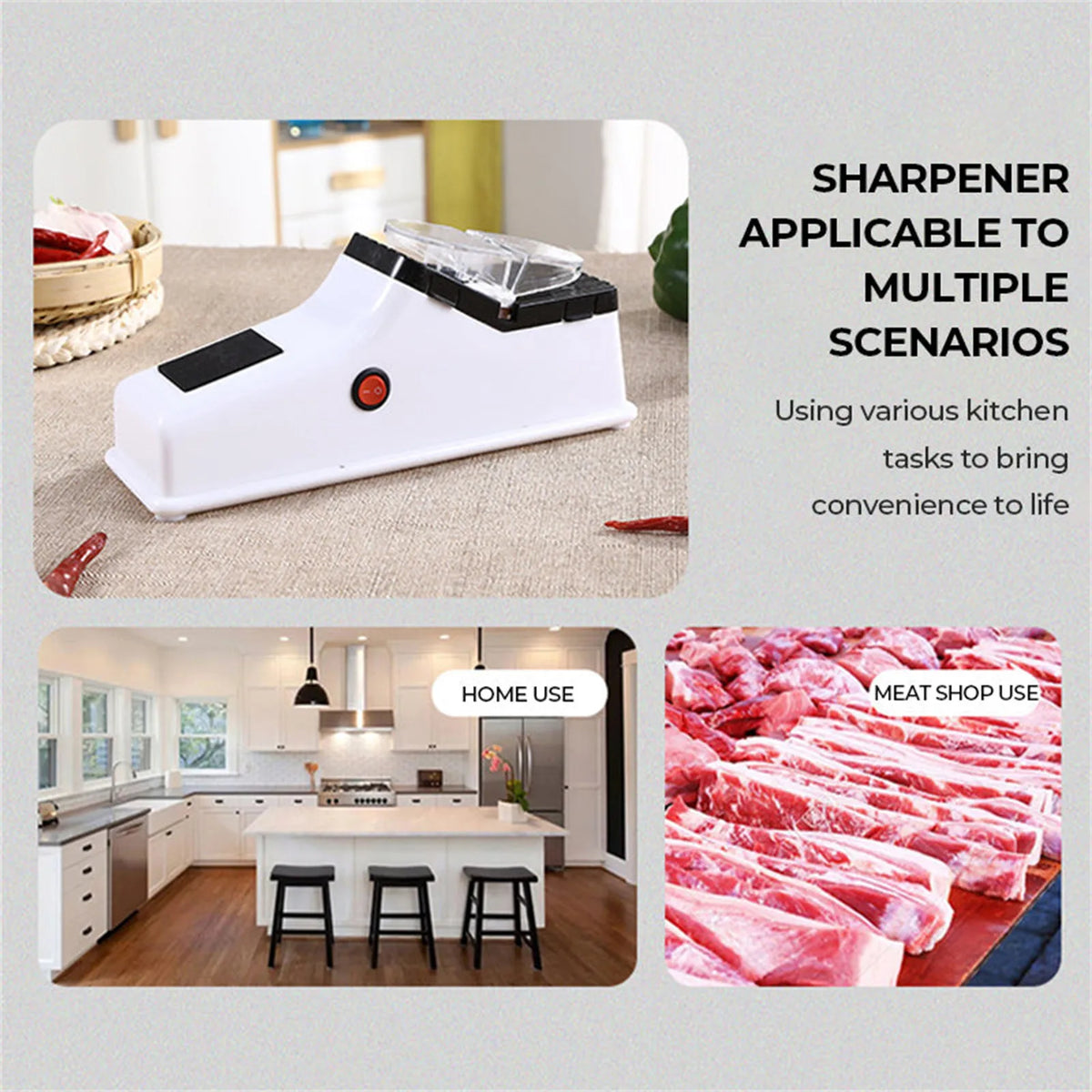 A white electric knife sharpener with a protective cover is shown next to various food items for different scenarios.