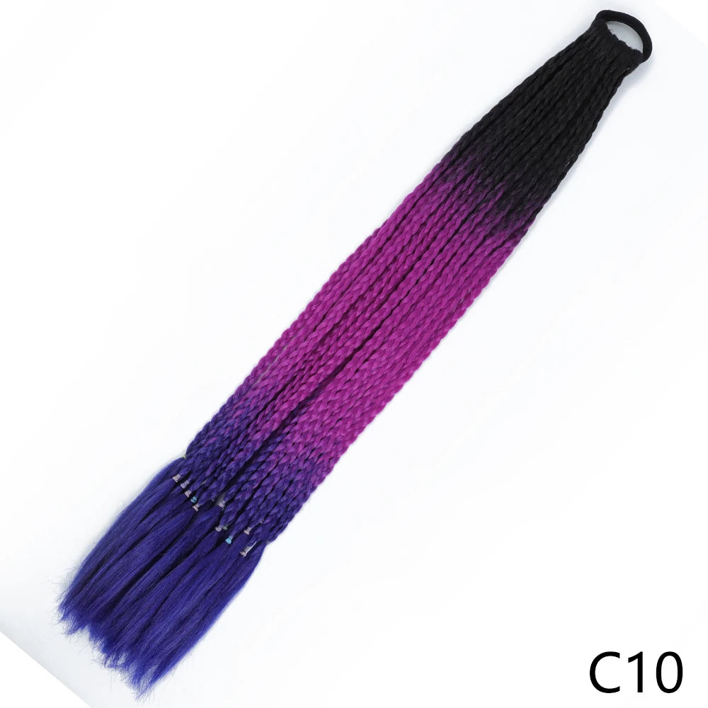 A pre-braided ponytail extension featuring a gradient color transition from purple to black.