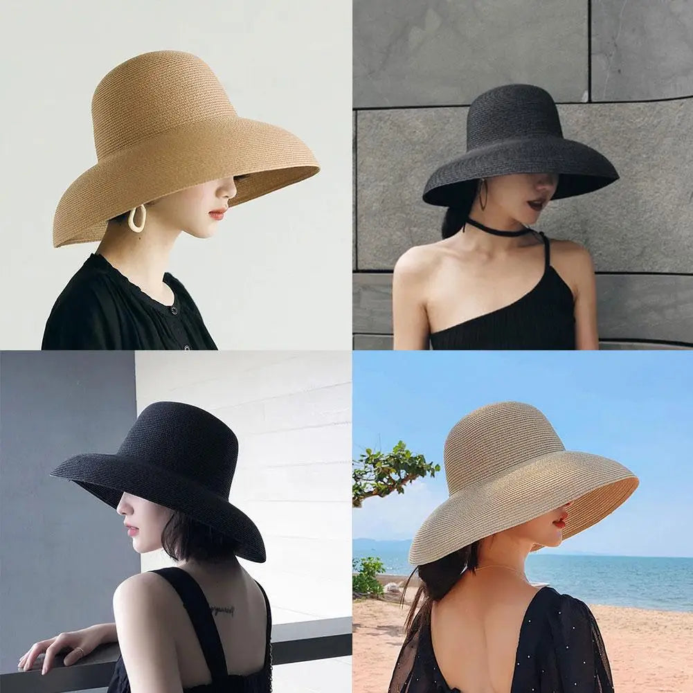 Three images of elegant wide brim straw sun hats for women in black and beige tones.
