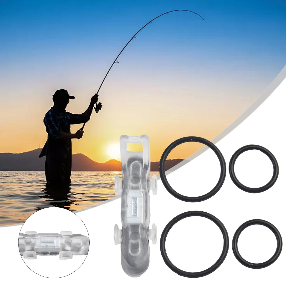 Magnetic bait hanger with non-slip rubber pad for fishing rods shown next to various silicone rings and a fishing scene.