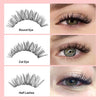 Comparison of round, cat, and half lashes with close-ups of applied false eyelashes.