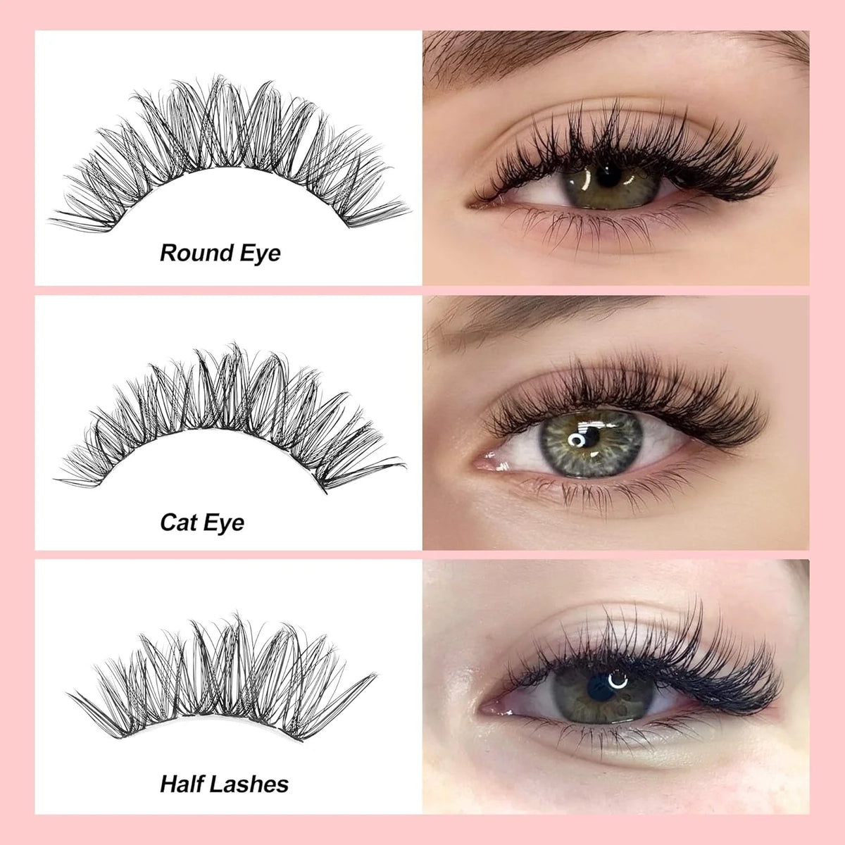 Comparison of round, cat, and half lashes with realistic false eyelashes.