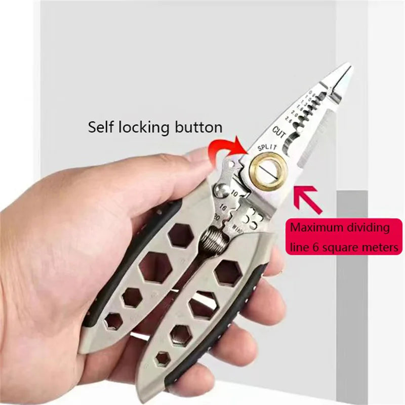 A hand holds a pair of self-locking wire stripping pliers with a cutting edge and dividing lines.