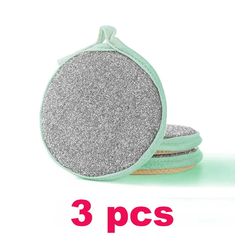 Three round grey glitter dish sponges with green handles and pads