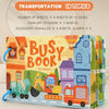 A colorful busy book set featuring transportation themes including a train and a helicopter.