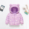 A purple kids' hooded puffer jacket with a zipper closure and light pink and white embroidered details.