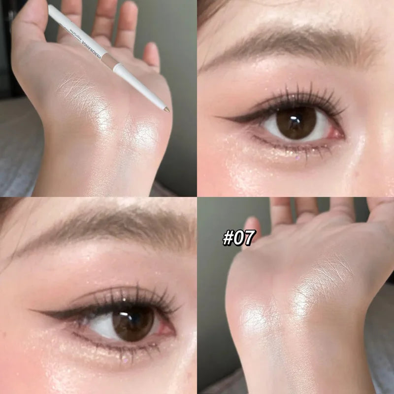 Nærbilde av en hånd som holder en hvit dobbelends gel eyeliner-penn, samt nærbilder av sminkeapplikasjon på øyet.