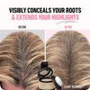 Before and after comparison showing a hair root touch-up product concealing roots and extending highlights on light blonde ha