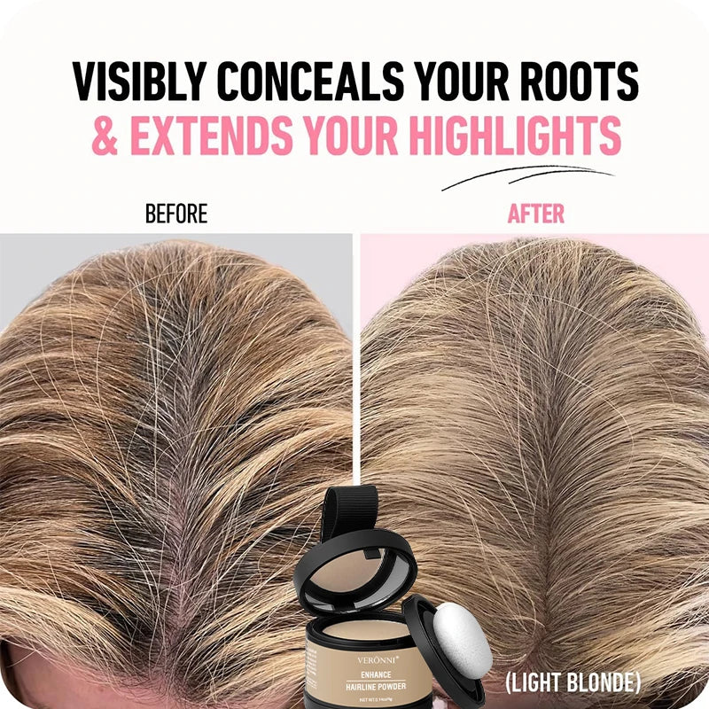 Before and after comparison showing a hair root touch-up product concealing roots and extending highlights on light blonde ha