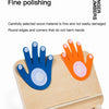 A wooden finger counting toy showing hands with numbers painted on them, used for fine polishing.