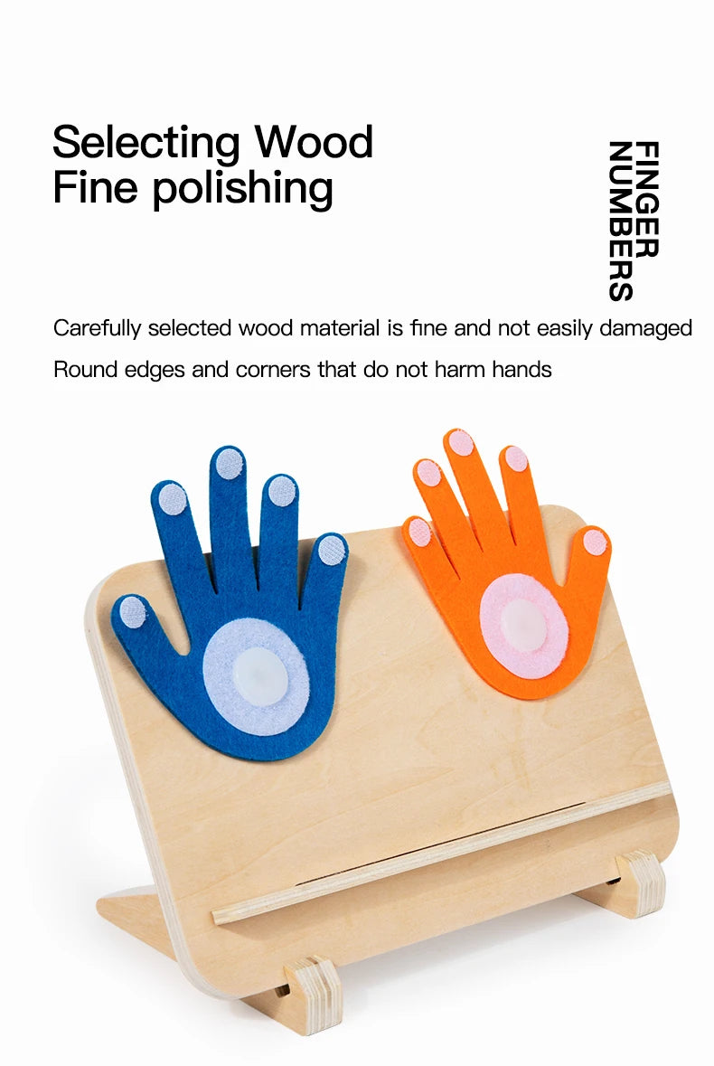 A wooden finger counting toy showing hands with numbers painted on them, used for fine polishing.