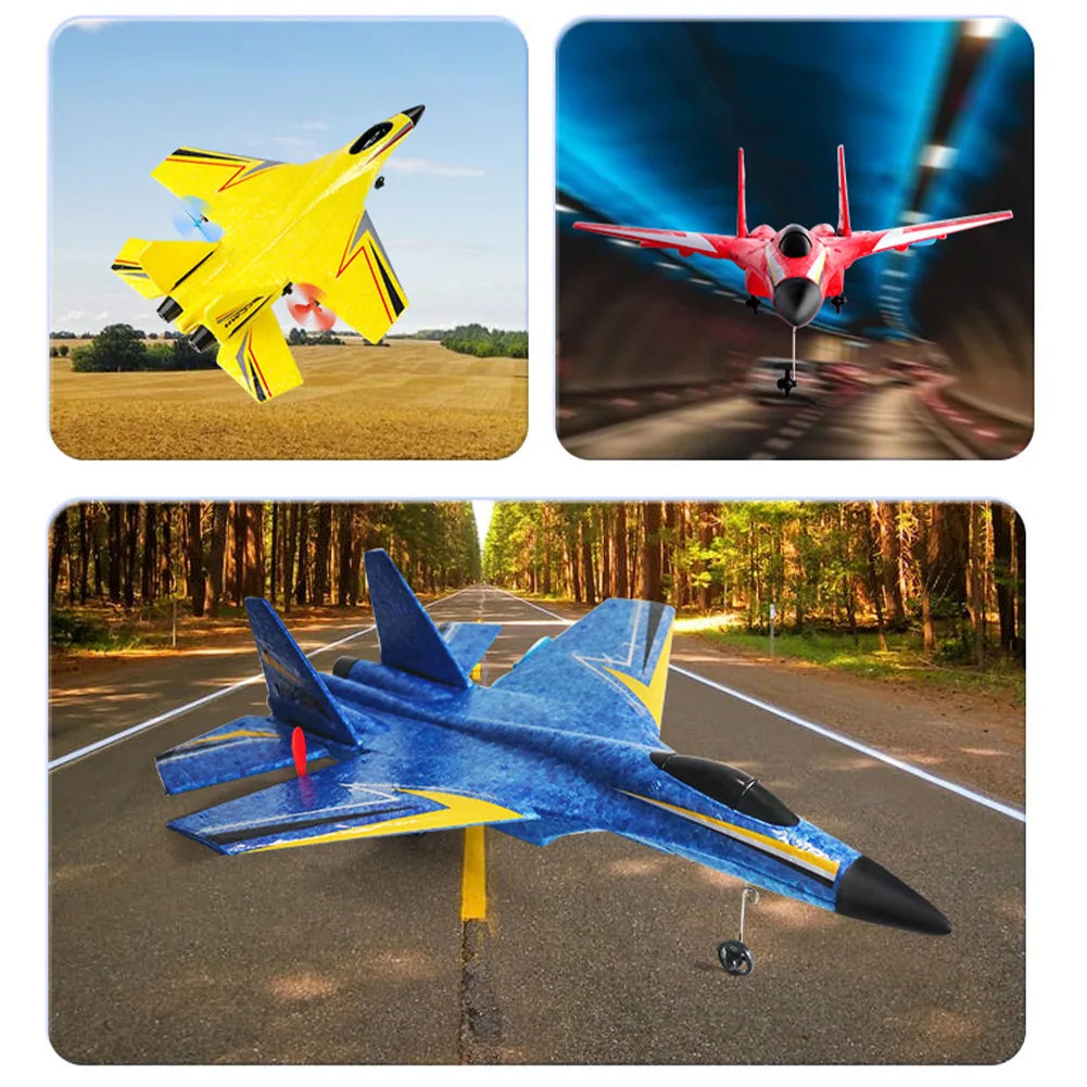A yellow SU-27 foam airplane is shown in flight against a blue sky, alongside a red jet and a blue model on an airfield.