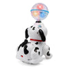 A white dog-shaped toy with a spinning, illuminated ball on top.
