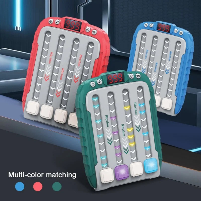 Three multi-color light-up rhythm game machines are displayed on a dark surface.