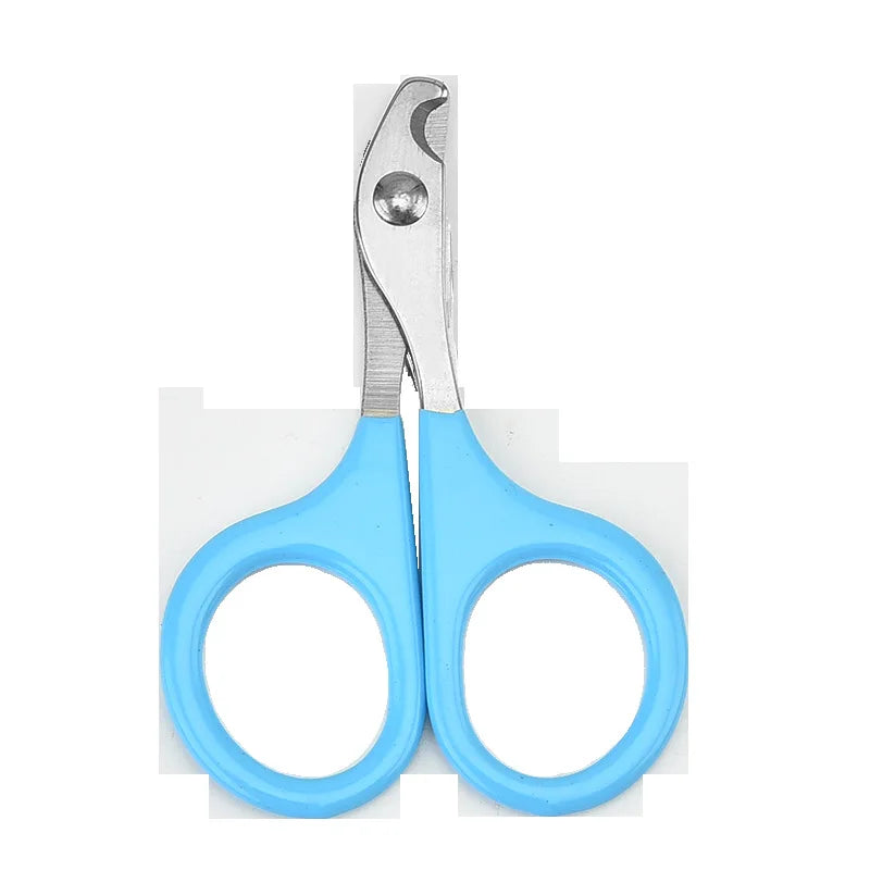 A pair of light blue stainless steel pet nail clippers with a non-slip grip.