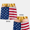 Men's quick-dry swim trunks featuring a patriotic American flag print in blue, white, and red stripes and stars.