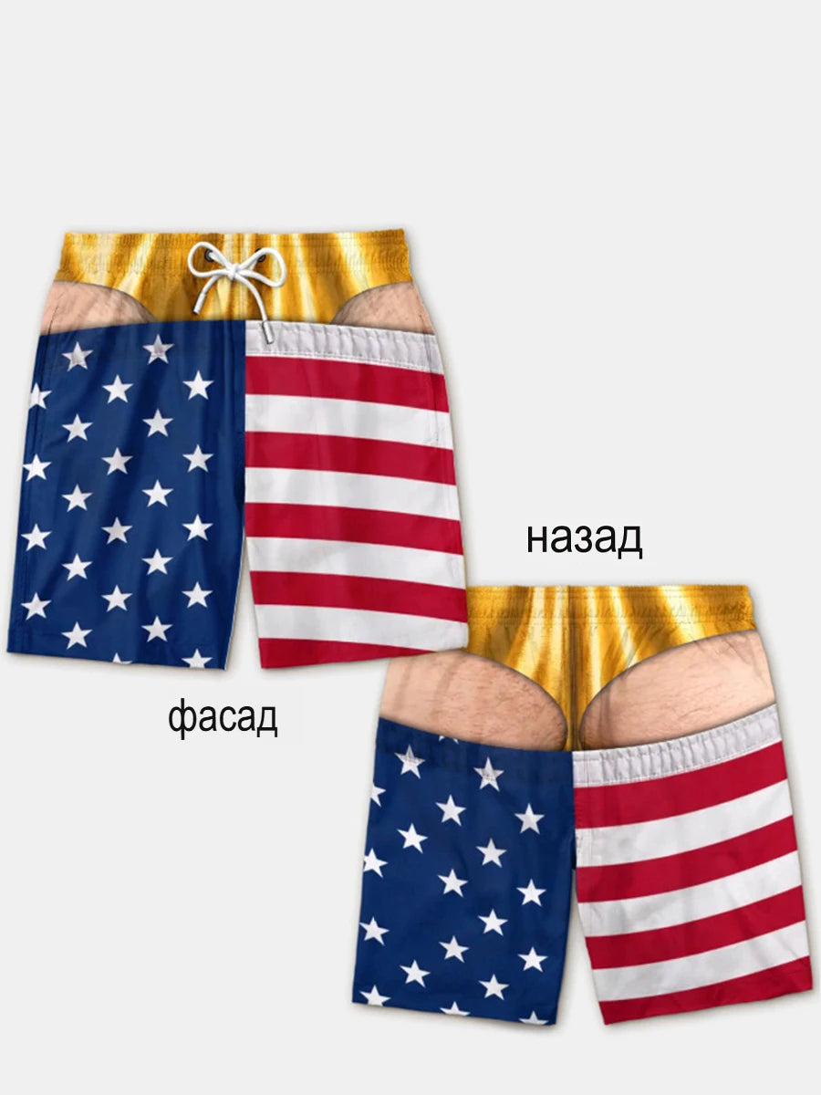 Men's quick-dry swim trunks featuring a patriotic American flag print in blue, white, and red stripes and stars.