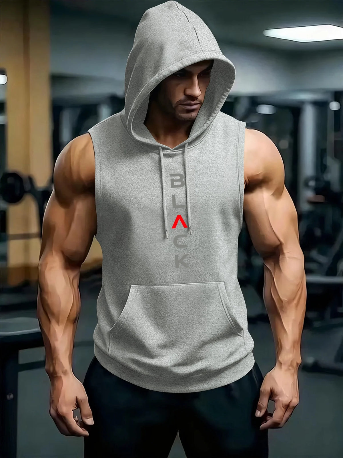 A muscular man wearing a gray hooded tank top and black athletic pants in a gym setting.