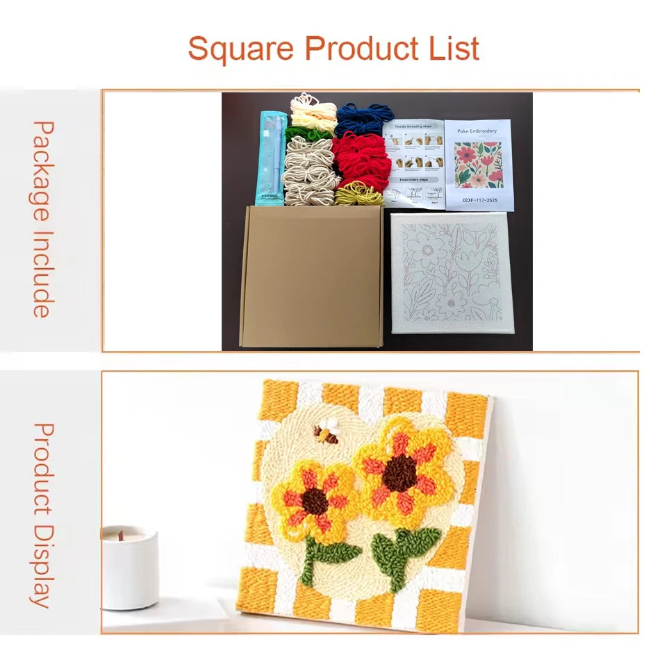 Lista cuadrada de productos con kits de bordado de punch needle, incluyendo diseños de gato y conejo.