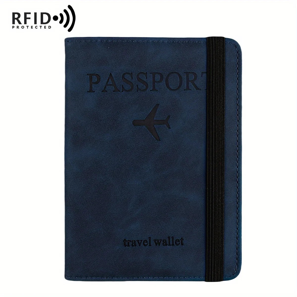 حافظة جواز سفر جلدية زرقاء داكنة مع حماية RFID وجيوب للبطاقات