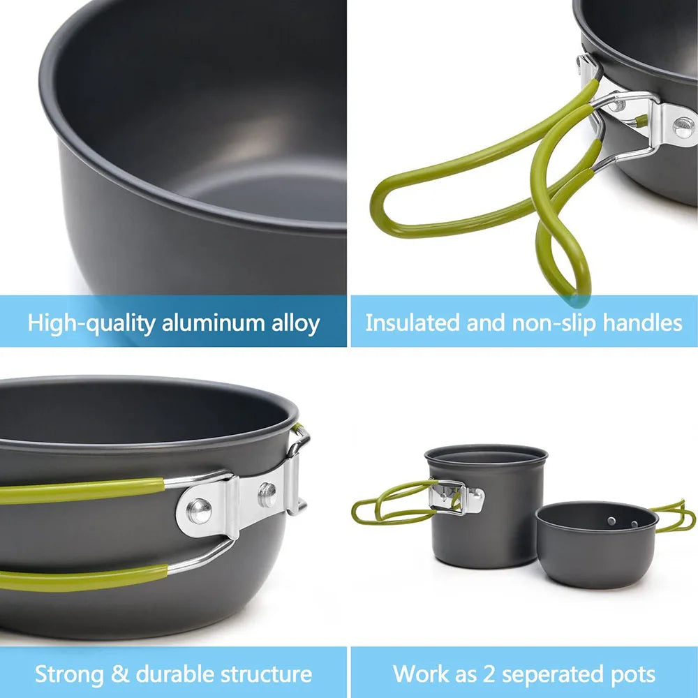 A set of dark gray aluminum alloy pots with insulated and non-slip handles, designed to work as two separated pots.