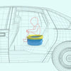 A diagram showing a foldable travel potty for kids with waste bags placed inside a car seat.