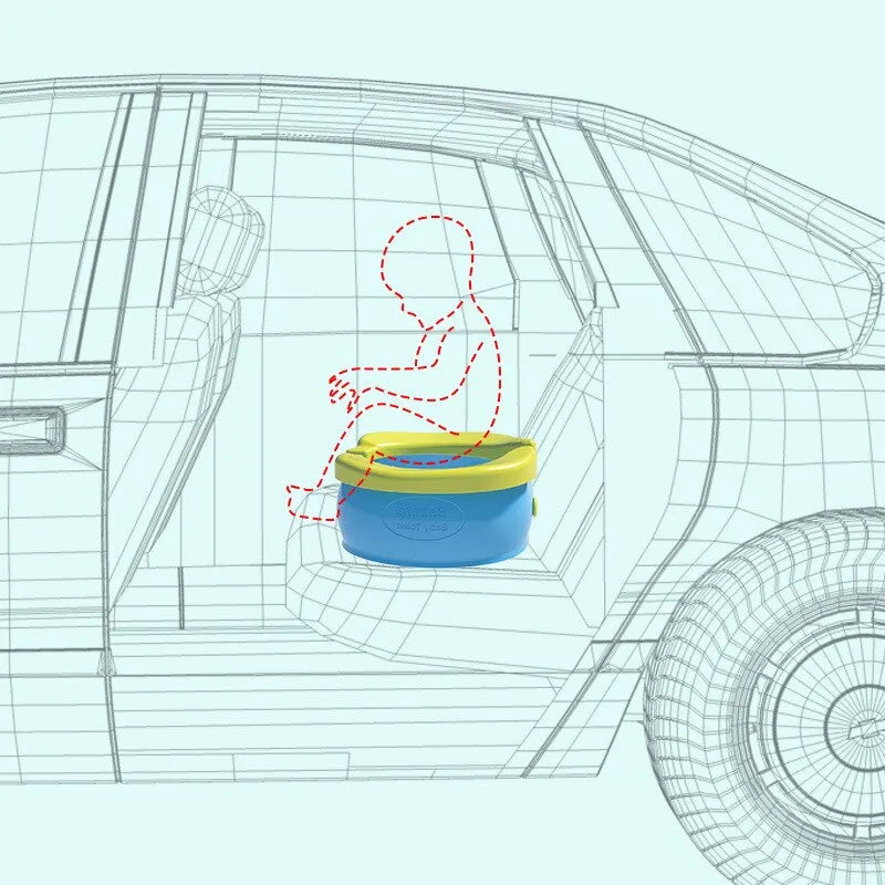 A diagram showing a foldable travel potty for kids with waste bags placed inside a car seat.