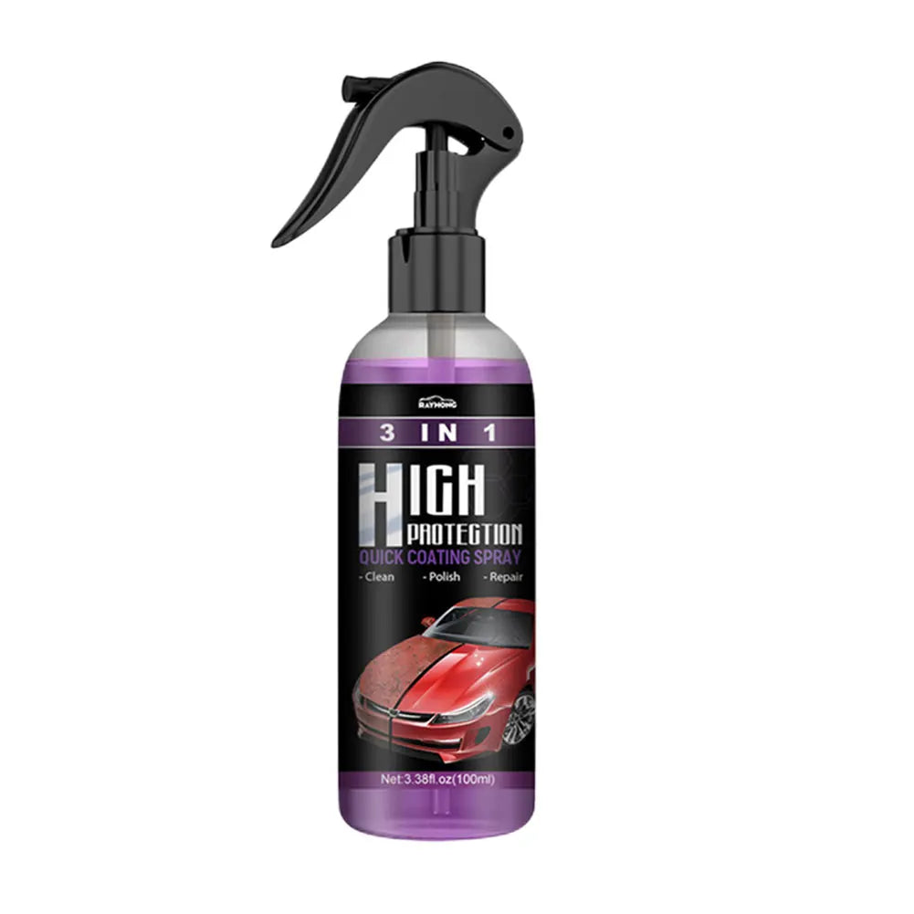 A black spray bottle of 3-in-1 high protection quick coating spray for cars