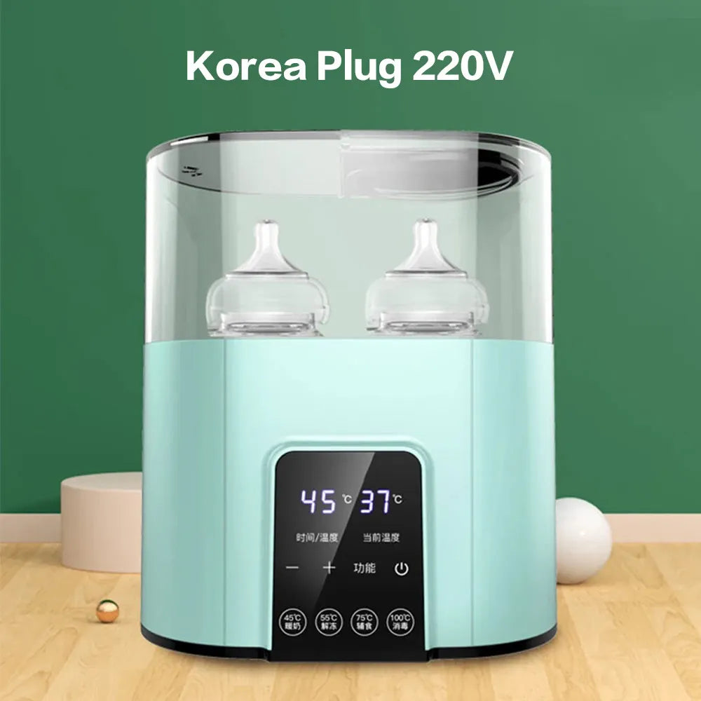 A modern electric baby bottle warmer and sterilizer in light mint green and black, showing two glass bottles inside.