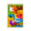 A wooden puzzle set featuring colorful animal shapes and transport elements arranged in a grid.