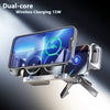 A dual-core foldable wireless car charger mount with electric clamping and rotation charging a smartphone.