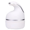 Dispositivo eléctrico recargable blanco para masaje de cabeza con boquilla curva y base.