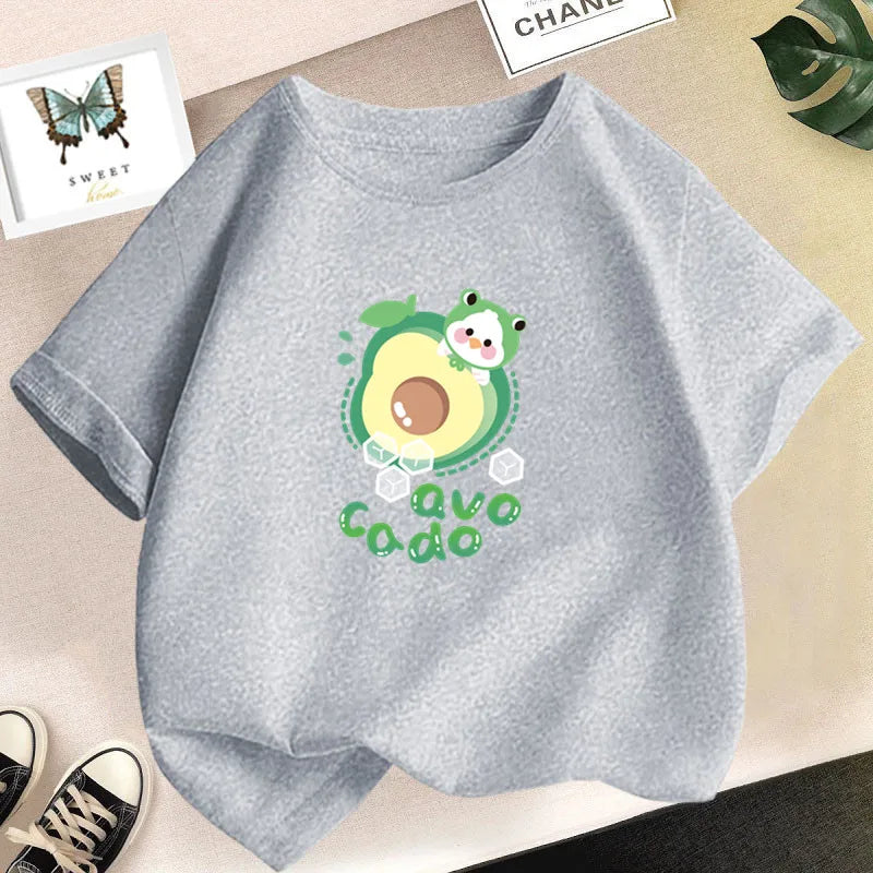 A light gray t-shirt featuring a cute illustration of an avocado fruit and the word avocado.