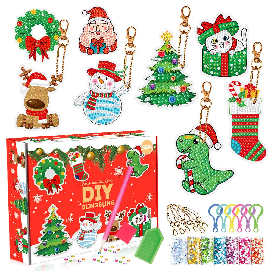 A collection of DIY diamond painting kits featuring Christmas themes, including ornaments, trees, and animals.