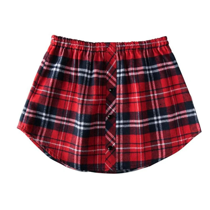 A red and black plaid shirt extender with an elastic waistband.
