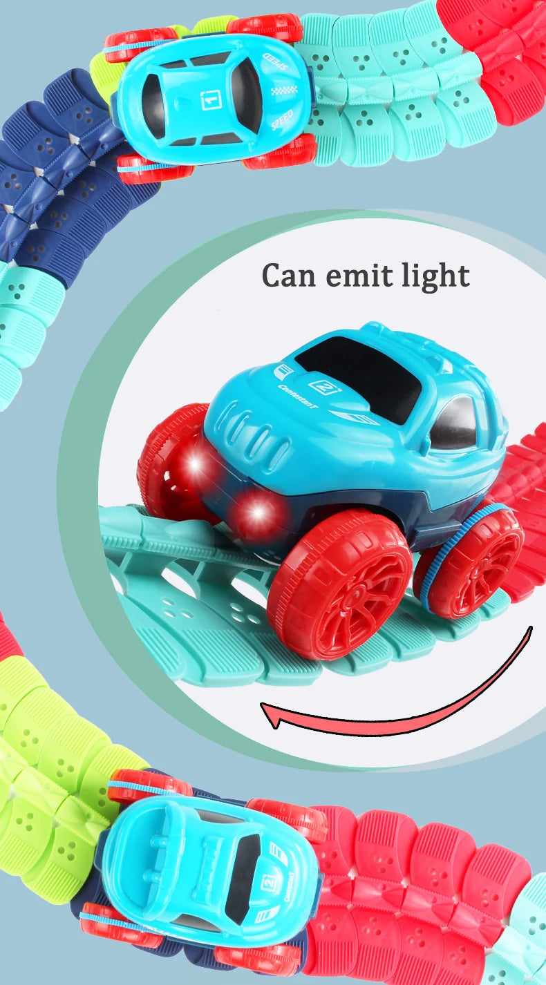 Circuito flexible de autos LED con auto azul brillante en la oscuridad y agarres correspondientes.
