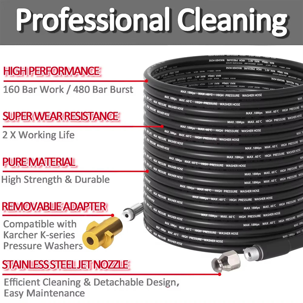 Black high-pressure sewer jetting hose kit with a gold adapter and rotating nozzle for professional cleaning