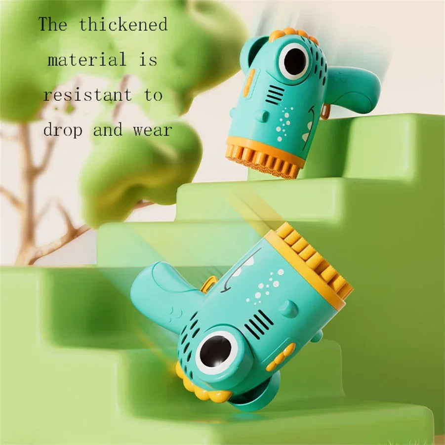 A teal dinosaur bubble gun is shown resting on a green plastic step, demonstrating its resistance to drop and wear.