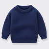 A navy blue knitted long-sleeve pullover sweater for kids.
