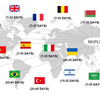 A world map showing various countries with travel times to Muply, including the US, Canada, UK, and Australia.