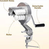 A silver cavatelli maker machine showing its components including holes, a roller, a detachable handle, and a fixed bolt.